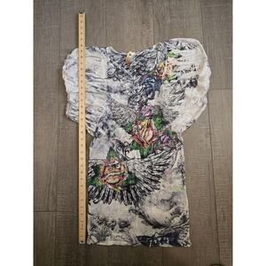 S-12 S-Twelve Multicolor Jeweled Blouse Top size large White Blue Floral Med